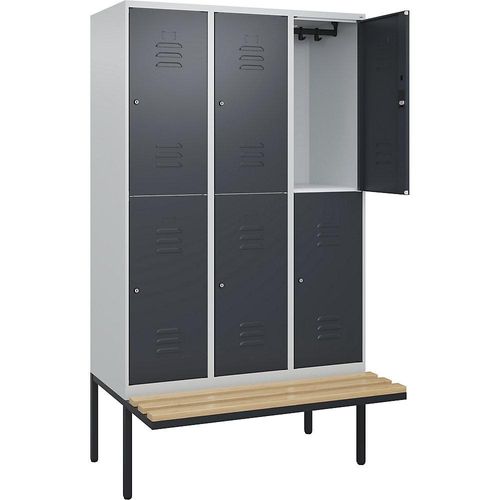 4066681801783 - Doppelstock-Spind Classic PLUS Sitzbank 3 Abteile lichtgrau   grau B 1200 mm Zylinderschloss auskragend Buche-Hartholz C+P