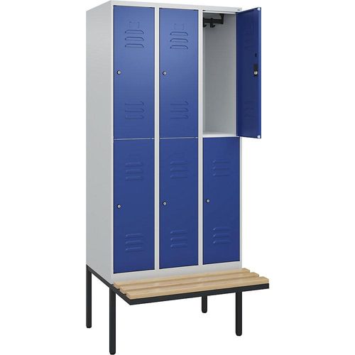 4066681800687 - Doppelstock-Spind Classic PLUS Sitzbank 3 Abteile lichtgrau   enzianblau B 900 mm Zylinderschloss auskragend Buche-Hartholz C+P