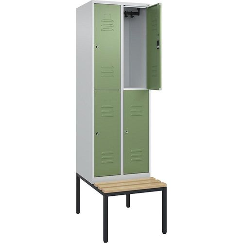 4066681805521 - Doppelstock-Spind Classic PLUS Sitzbank 2 Abteile lichtgrau   resedagrün B 600 mm Zylinderschloss untergebaut Buche-Hartholz C+P