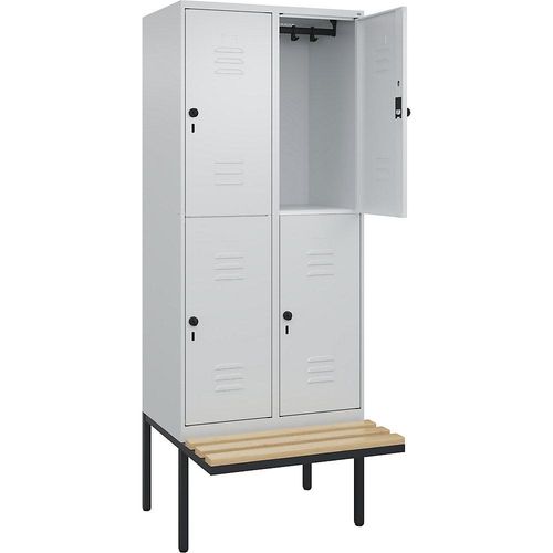 4066681747173 - Doppelstock-Spind Classic PLUS Sitzbank 2 Abteile lichtgrau B 800 mm Sicherheits-Drehriegel auskragend Buche-Hartholz C+P