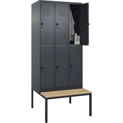 4066681748996 - Doppelstock-Spind Classic PLUS Sitzbank 3 Abteile grau B 900 mm Sicherheits-Drehriegel untergebaut Buche-Hartholz C+P 4066681748996 - Doppelstock-Spind Classic PLUS Sitzbank 3 Abteile grau B 900 mm Sicherheits-Drehriegel untergebaut Buche-Hartholz C+P