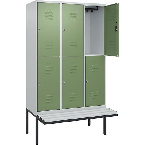 4066681801011 - Doppelstock-Spind Classic PLUS Sitzbank 3 Abteile lichtgrau   resedagrün B 1200 mm Zylinderschloss auskragend Kunststoff C+P