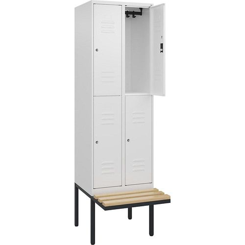 4066681798694 - Doppelstock-Spind Classic PLUS Sitzbank 2 Abteile verkehrsweiß B 600 mm Zylinderschloss auskragend Buche-Hartholz C+P