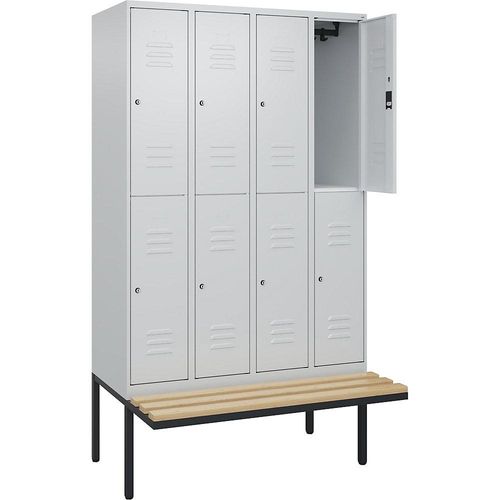 4066681802841 - Doppelstock-Spind Classic PLUS Sitzbank 4 Abteile lichtgrau B 1200 mm Zylinderschloss auskragend Buche-Hartholz C+P 4066681802841 - Doppelstock-Spind Classic PLUS Sitzbank 4 Abteile lichtgrau B 1200 mm Zylinderschloss auskragend Buche-Hartholz C+P