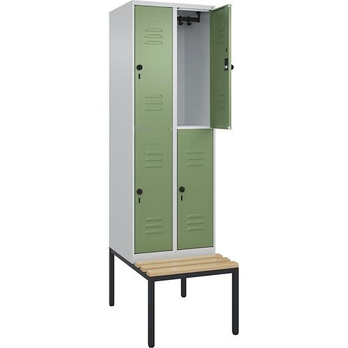 4066681748347 - Doppelstock-Spind Classic PLUS Sitzbank 2 Abteile lichtgrau resedagrün B 600 mm Sicherheits-Drehriegel untergebaut Buche-Hartholz C+P 4066681748347 - Doppelstock-Spind Classic PLUS Sitzbank 2 Abteile lichtgrau resedagrün B 600 mm Sicherheits-Drehriegel untergebaut Buche-Hartholz C+P
