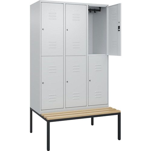 4066681808256 - Doppelstock-Spind Classic PLUS Sitzbank 3 Abteile lichtgrau B 1200 mm Zylinderschloss untergebaut Buche-Hartholz C+P