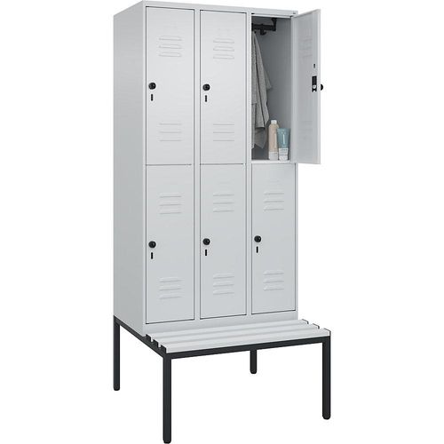4066681807501 - Doppelstock-Spind Classic PLUS Sitzbank 3 Abteile lichtgrau B 900 mm Sicherheits-Drehriegel untergebaut Kunststoff C+P 4066681807501 - Doppelstock-Spind Classic PLUS Sitzbank 3 Abteile lichtgrau B 900 mm Sicherheits-Drehriegel untergebaut Kunststoff C+P