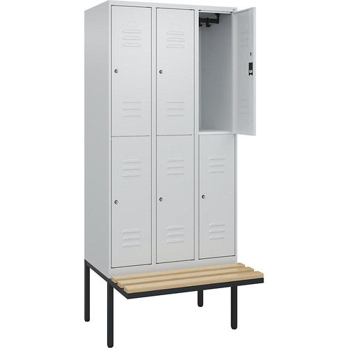 4066681800748 - Doppelstock-Spind Classic PLUS Sitzbank 3 Abteile lichtgrau B 900 mm Zylinderschloss auskragend Buche-Hartholz C+P