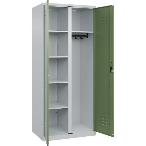 4067521424032 - Putzmittelspind Classic PLUS 1 Abteil Trennwand mittig lichtgrau   resedagrün B 800 mm mit Bodengleitern Zylinderschloss C+P