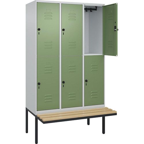 4066681747449 - Doppelstock-Spind Classic PLUS Sitzbank 3 Abteile lichtgrau resedagrün B 1200 mm Sicherheits-Drehriegel auskragend Buche-Hartholz C+P 4066681747449 - Doppelstock-Spind Classic PLUS Sitzbank 3 Abteile lichtgrau resedagrün B 1200 mm Sicherheits-Drehriegel auskragend Buche-Hartholz C+P