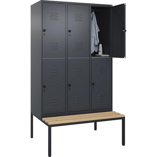 4066681749290 - Doppelstock-Spind Classic PLUS Sitzbank 3 Abteile grau B 1200 mm Sicherheits-Drehriegel untergebaut Buche-Hartholz C+P