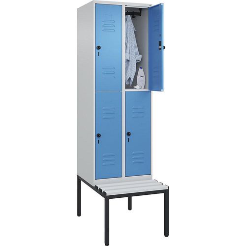 4066681805651 - Doppelstock-Spind Classic PLUS Sitzbank 2 Abteile lichtgrau   lichtblau B 600 mm Sicherheits-Drehriegel untergebaut Kunststoff C+P