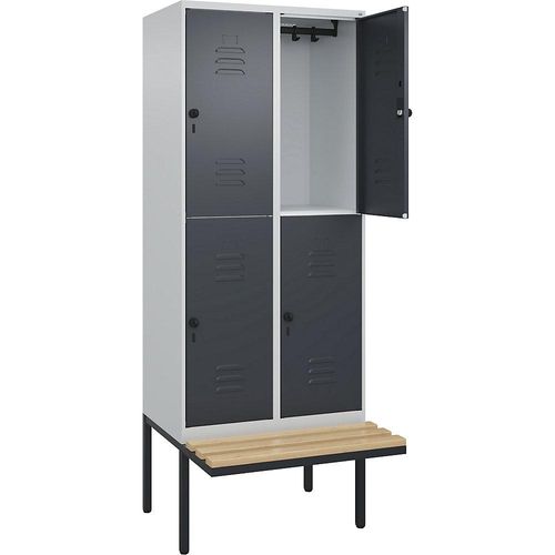 4066681747166 - Doppelstock-Spind Classic PLUS Sitzbank 2 Abteile lichtgrau   grau B 800 mm Sicherheits-Drehriegel auskragend Buche-Hartholz C+P