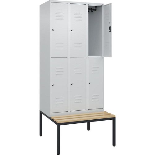 4066681807358 - Doppelstock-Spind Classic PLUS Sitzbank 3 Abteile lichtgrau B 900 mm Zylinderschloss untergebaut Buche-Hartholz C+P 4066681807358 - Doppelstock-Spind Classic PLUS Sitzbank 3 Abteile lichtgrau B 900 mm Zylinderschloss untergebaut Buche-Hartholz C+P