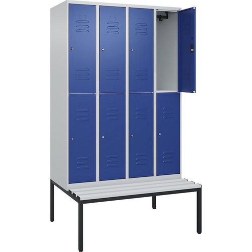 4066681749658 - Doppelstock-Spind Classic PLUS Sitzbank 4 Abteile lichtgrau   enzianblau B 1200 mm Zylinderschloss untergebaut Kunststoff C+P