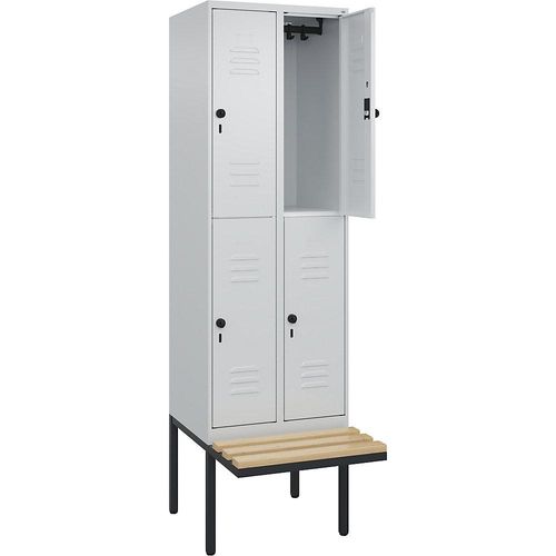 4066681747029 - Doppelstock-Spind Classic PLUS Sitzbank 2 Abteile lichtgrau B 600 mm Sicherheits-Drehriegel auskragend Buche-Hartholz C+P