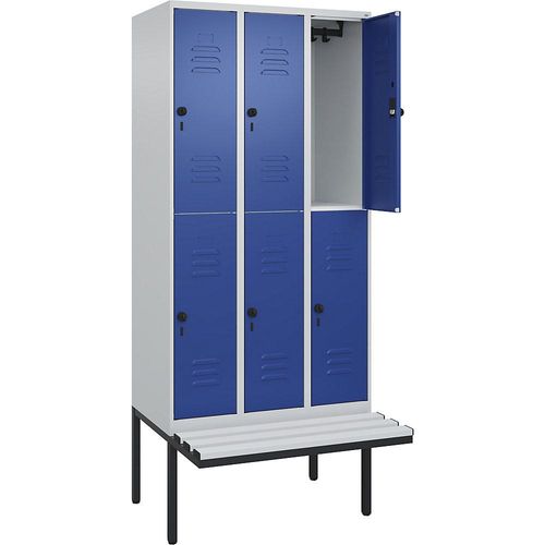 4066681800830 - Doppelstock-Spind Classic PLUS Sitzbank 3 Abteile lichtgrau   enzianblau B 900 mm Sicherheits-Drehriegel auskragend Kunststoff C+P