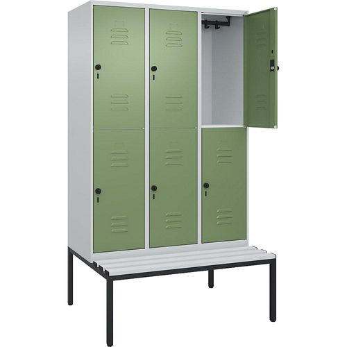 4066681808379 - Doppelstock-Spind Classic PLUS Sitzbank 3 Abteile lichtgrau   resedagrün B 1200 mm Sicherheits-Drehriegel untergebaut Kunststoff C+P