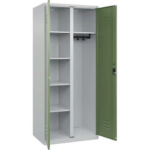 4067521360576 - Putzmittelspind Classic PLUS 1 Abteil Trennwand mittig lichtgrau   resedagrün B 800 mm mit Bodengleitern Drehriegel C+P