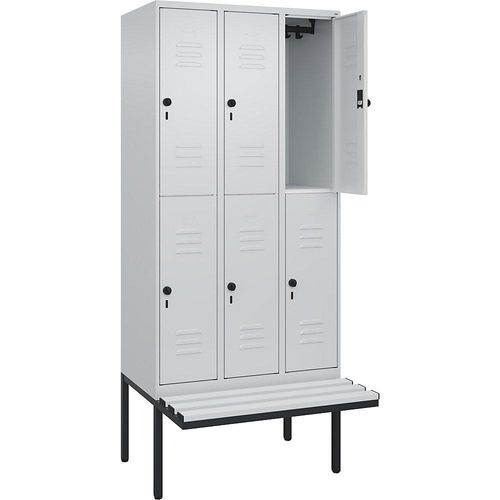 4066681800892 - Doppelstock-Spind Classic PLUS Sitzbank 3 Abteile lichtgrau B 900 mm Sicherheits-Drehriegel auskragend Kunststoff C+P 4066681800892 - Doppelstock-Spind Classic PLUS Sitzbank 3 Abteile lichtgrau B 900 mm Sicherheits-Drehriegel auskragend Kunststoff C+P