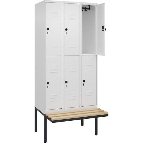 4066681747371 - Doppelstock-Spind Classic PLUS Sitzbank 3 Abteile verkehrsweiß B 900 mm Sicherheits-Drehriegel auskragend Buche-Hartholz C+P 4066681747371 - Doppelstock-Spind Classic PLUS Sitzbank 3 Abteile verkehrsweiß B 900 mm Sicherheits-Drehriegel auskragend Buche-Hartholz C+P