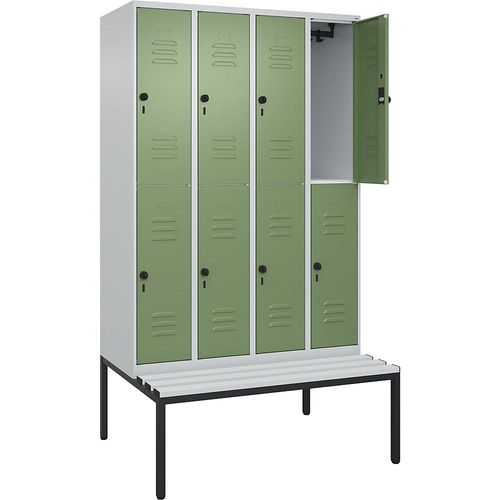 4066681809277 - Doppelstock-Spind Classic PLUS Sitzbank 4 Abteile lichtgrau   resedagrün B 1200 mm Sicherheits-Drehriegel untergebaut Kunststoff C+P