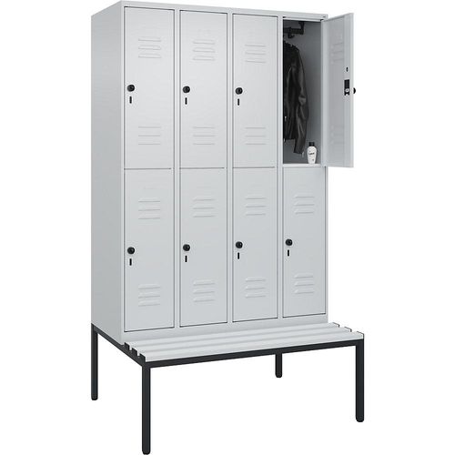 4066681809307 - Doppelstock-Spind Classic PLUS Sitzbank 4 Abteile lichtgrau B 1200 mm Sicherheits-Drehriegel untergebaut Kunststoff C+P 4066681809307 - Doppelstock-Spind Classic PLUS Sitzbank 4 Abteile lichtgrau B 1200 mm Sicherheits-Drehriegel untergebaut Kunststoff C+P