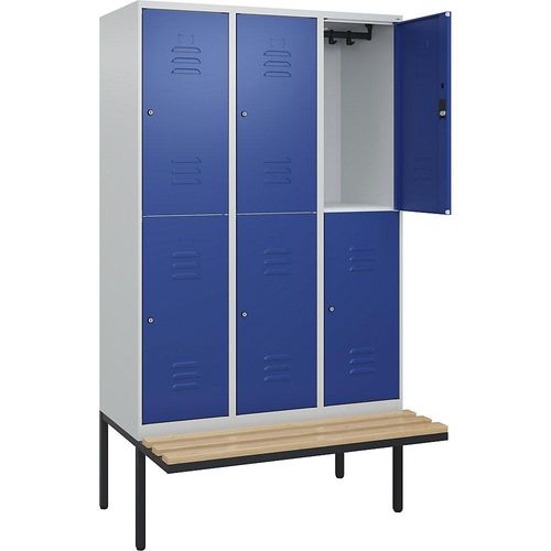 4066681801738 - Doppelstock-Spind Classic PLUS Sitzbank 3 Abteile lichtgrau   enzianblau B 1200 mm Zylinderschloss auskragend Buche-Hartholz C+P