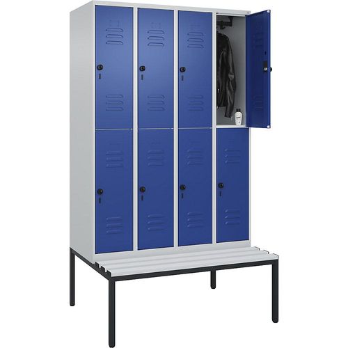 4066681809246 - Doppelstock-Spind Classic PLUS Sitzbank 4 Abteile lichtgrau   enzianblau B 1200 mm Sicherheits-Drehriegel untergebaut Kunststoff C+P