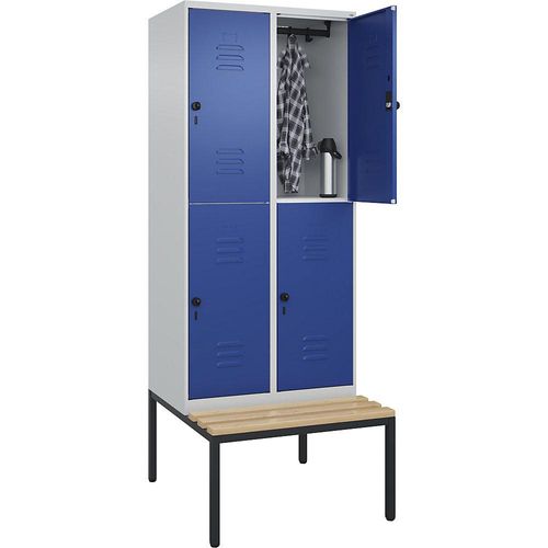 4066681748606 - Doppelstock-Spind Classic PLUS Sitzbank 2 Abteile lichtgrau enzianblau B 800 mm Sicherheits-Drehriegel untergebaut Buche-Hartholz C+P 4066681748606 - Doppelstock-Spind Classic PLUS Sitzbank 2 Abteile lichtgrau enzianblau B 800 mm Sicherheits-Drehriegel untergebaut Buche-Hartholz C+P