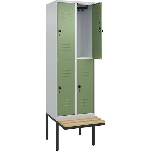 4066681746992 - Doppelstock-Spind Classic PLUS Sitzbank 2 Abteile lichtgrau resedagrün B 600 mm Sicherheits-Drehriegel auskragend Buche-Hartholz C+P 4066681746992 - Doppelstock-Spind Classic PLUS Sitzbank 2 Abteile lichtgrau resedagrün B 600 mm Sicherheits-Drehriegel auskragend Buche-Hartholz C+P