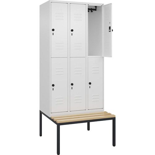 4066681749016 - Doppelstock-Spind Classic PLUS Sitzbank 3 Abteile verkehrsweiß B 900 mm Sicherheits-Drehriegel untergebaut Buche-Hartholz C+P 4066681749016 - Doppelstock-Spind Classic PLUS Sitzbank 3 Abteile verkehrsweiß B 900 mm Sicherheits-Drehriegel untergebaut Buche-Hartholz C+P
