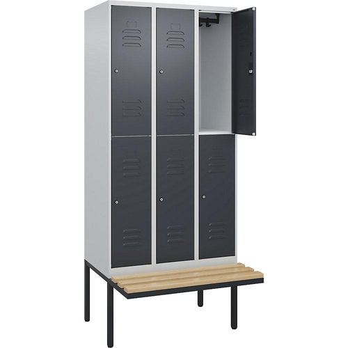 4066681800731 - Doppelstock-Spind Classic PLUS Sitzbank 3 Abteile lichtgrau   grau B 900 mm Zylinderschloss auskragend Buche-Hartholz C+P