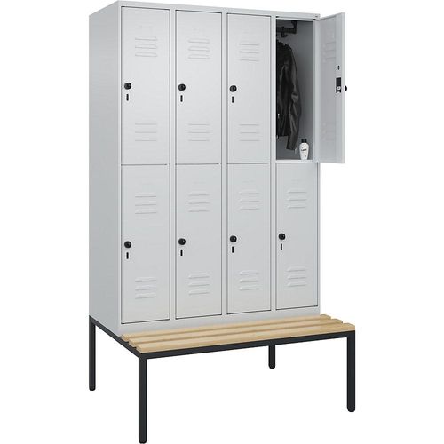 4066681749566 - Doppelstock-Spind Classic PLUS Sitzbank 4 Abteile lichtgrau B 1200 mm Sicherheits-Drehriegel untergebaut Buche-Hartholz C+P