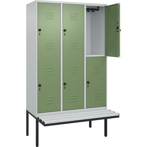 4066681801912 - Doppelstock-Spind Classic PLUS Sitzbank 3 Abteile lichtgrau   resedagrün B 1200 mm Sicherheits-Drehriegel auskragend Kunststoff C+P