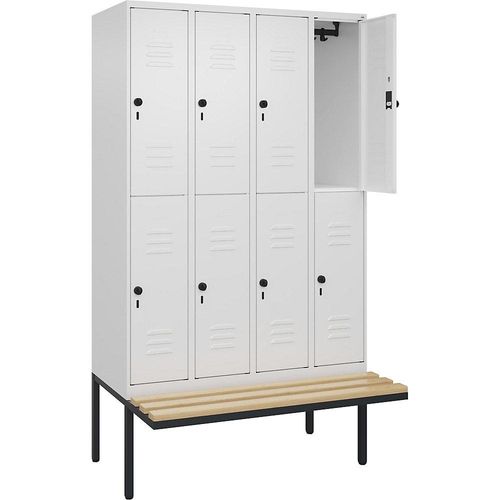 4066681747678 - Doppelstock-Spind Classic PLUS Sitzbank 4 Abteile verkehrsweiß B 1200 mm Sicherheits-Drehriegel auskragend Buche-Hartholz C+P