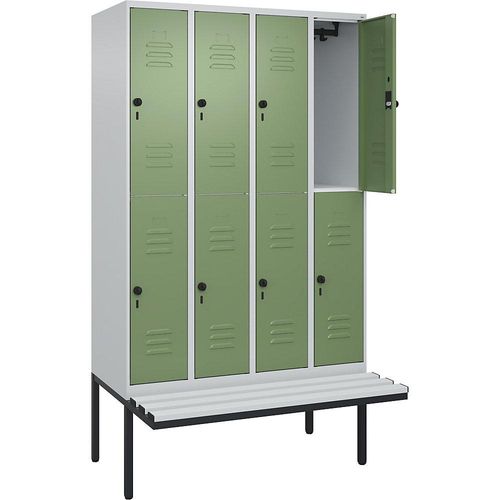 4066681802964 - Doppelstock-Spind Classic PLUS Sitzbank 4 Abteile lichtgrau   resedagrün B 1200 mm Sicherheits-Drehriegel auskragend Kunststoff C+P