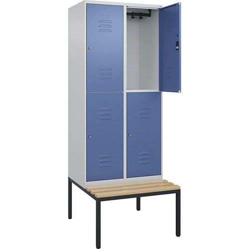 4066681806412 - Doppelstock-Spind Classic PLUS Sitzbank 2 Abteile lichtgrau fernblau B 800 mm Zylinderschloss untergebaut Buche-Hartholz C+P 4066681806412 - Doppelstock-Spind Classic PLUS Sitzbank 2 Abteile lichtgrau fernblau B 800 mm Zylinderschloss untergebaut Buche-Hartholz C+P