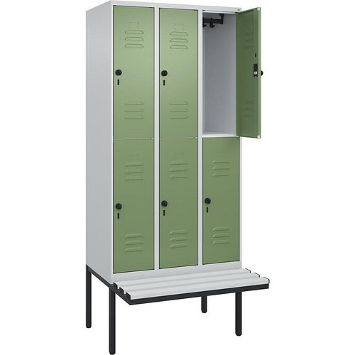 4066681800861 - Doppelstock-Spind Classic PLUS Sitzbank 3 Abteile lichtgrau   resedagrün B 900 mm Sicherheits-Drehriegel auskragend Kunststoff C+P