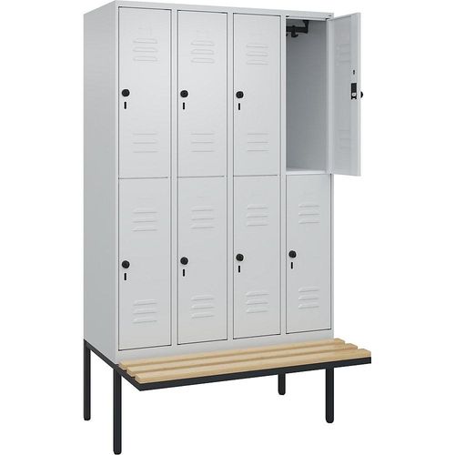 4066681747623 - Doppelstock-Spind Classic PLUS Sitzbank 4 Abteile lichtgrau B 1200 mm Sicherheits-Drehriegel auskragend Buche-Hartholz C+P