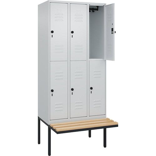 4066681747326 - Doppelstock-Spind Classic PLUS Sitzbank 3 Abteile lichtgrau B 900 mm Sicherheits-Drehriegel auskragend Buche-Hartholz C+P 4066681747326 - Doppelstock-Spind Classic PLUS Sitzbank 3 Abteile lichtgrau B 900 mm Sicherheits-Drehriegel auskragend Buche-Hartholz C+P