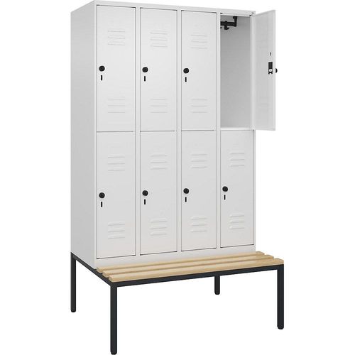 4066681749610 - Doppelstock-Spind Classic PLUS Sitzbank 4 Abteile verkehrsweiß B 1200 mm Sicherheits-Drehriegel untergebaut Buche-Hartholz C+P 4066681749610 - Doppelstock-Spind Classic PLUS Sitzbank 4 Abteile verkehrsweiß B 1200 mm Sicherheits-Drehriegel untergebaut Buche-Hartholz C+P