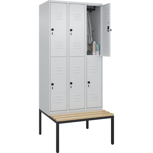 4066681748965 - Doppelstock-Spind Classic PLUS Sitzbank 3 Abteile lichtgrau B 900 mm Sicherheits-Drehriegel untergebaut Buche-Hartholz C+P