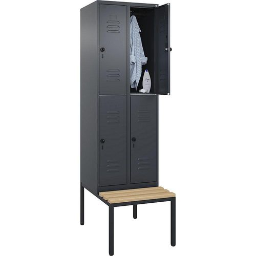 4066681748408 - Doppelstock-Spind Classic PLUS Sitzbank 2 Abteile grau B 600 mm Sicherheits-Drehriegel untergebaut Buche-Hartholz C+P