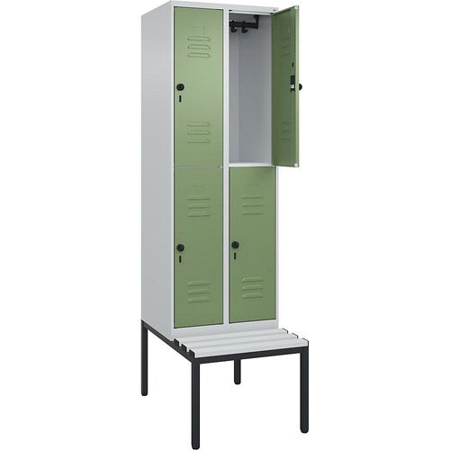 4066681805675 - Doppelstock-Spind Classic PLUS Sitzbank 2 Abteile lichtgrau   resedagrün B 600 mm Sicherheits-Drehriegel untergebaut Kunststoff C+P