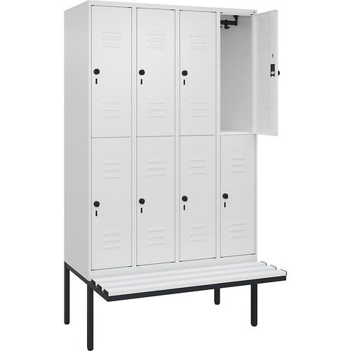 4066681803046 - Doppelstock-Spind Classic PLUS Sitzbank 4 Abteile verkehrsweiß B 1200 mm Sicherheits-Drehriegel auskragend Kunststoff C+P 4066681803046 - Doppelstock-Spind Classic PLUS Sitzbank 4 Abteile verkehrsweiß B 1200 mm Sicherheits-Drehriegel auskragend Kunststoff C+P