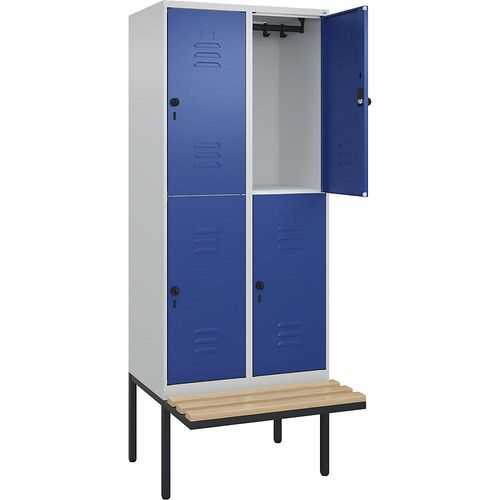 4066681747111 - Doppelstock-Spind Classic PLUS Sitzbank 2 Abteile lichtgrau   enzianblau B 800 mm Sicherheits-Drehriegel auskragend Buche-Hartholz C+P