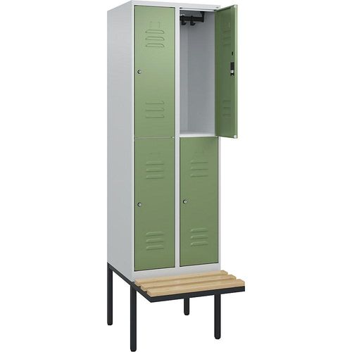 4066681798618 - Doppelstock-Spind Classic PLUS Sitzbank 2 Abteile lichtgrau resedagrün B 600 mm Zylinderschloss auskragend Buche-Hartholz C+P 4066681798618 - Doppelstock-Spind Classic PLUS Sitzbank 2 Abteile lichtgrau resedagrün B 600 mm Zylinderschloss auskragend Buche-Hartholz C+P