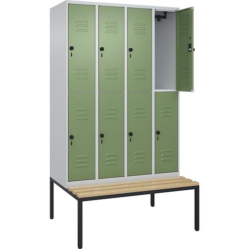 4066681749535 - Doppelstock-Spind Classic PLUS Sitzbank 4 Abteile lichtgrau   resedagrün B 1200 mm Sicherheits-Drehriegel untergebaut Buche-Hartholz C+P