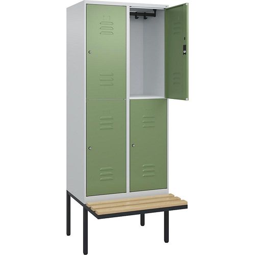 4066681799660 - Doppelstock-Spind Classic PLUS Sitzbank 2 Abteile lichtgrau   resedagrün B 800 mm Zylinderschloss auskragend Buche-Hartholz C+P